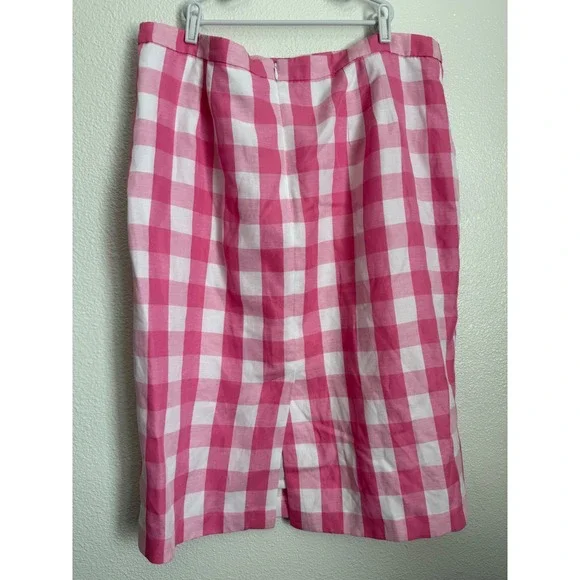 Talbots Pink White Gingham Check Pencil Skirt Size 16 Lined Back Vent Midi - Picture 8 of 10